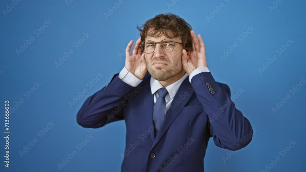 Curious young man in business suit, with his hands to his ears, trying hard to hear a juicy gossip. face shows his hearing problem against a blue isolated background. Curious young man in business suit, with his hands to his ears, trying hard to hear a juicy gossip. face shows his hearing problem against a blue isolated background.