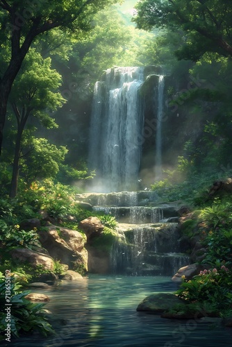 waterfall middle forest stream scenery sun rays shine deep paradise garden massage