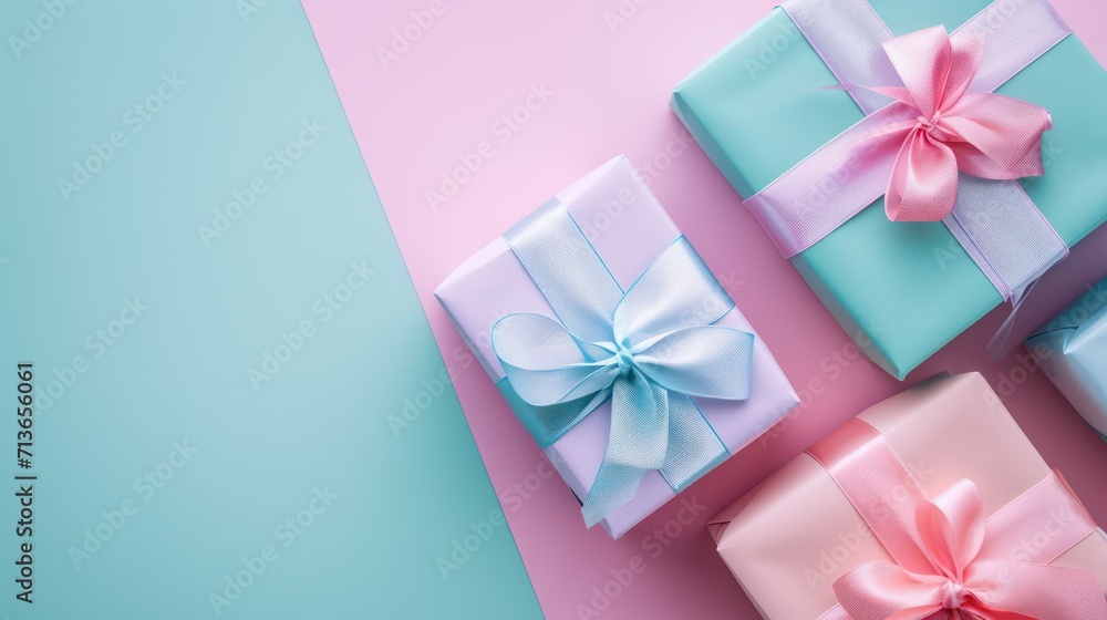 Minimalist pastel gift box background with space for text, featuring an elegantly wrapped gift box adorned with ribbon decoration
Minimalist pastel gift box background with space for text, featuring an elegantly wrapped gift box adorned with ribbon decoration