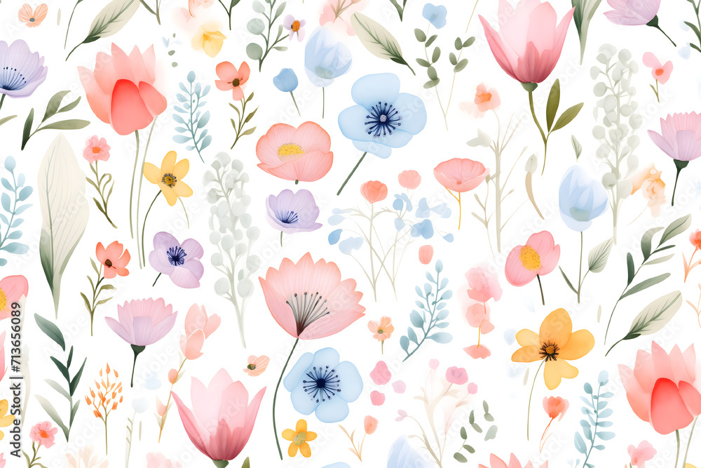pattern colorful spring and summer flowers painted in watercolor on a white background - obrazy, fototapety, plakaty 