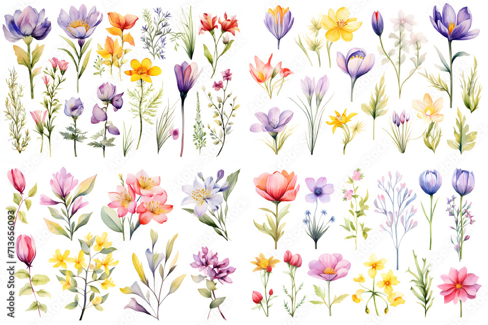 set of colorful spring and summer wildflowers painted in watercolor on a white background set of colorful spring and summer wildflowers painted in watercolor on a white background