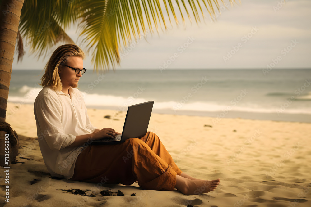 A male freelancer with long hair is working on a laptop on the beach against the background of the sea under a palm tree, with a place for text