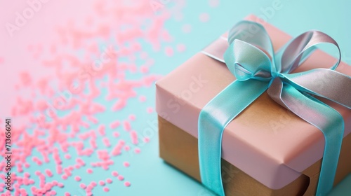 Minimalist pastel gift box background with space for text, featuring an elegantly wrapped gift box adorned with ribbon decoration