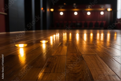 Wooden floor with yellow lights on stage in a theater background from Generative AI