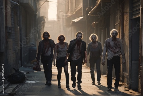  Group of zombies walking on the city back alley at morning from Generative AI