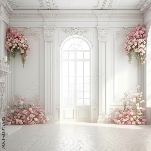 Elegant Maternity Wedding Backdrop  White Room  Floral Wall Decor  Timeless Elegance  Maternal Grace  Serene Atmosphere  Blooming Beauty  Stylish Expectations  Chic Maternity Setting  