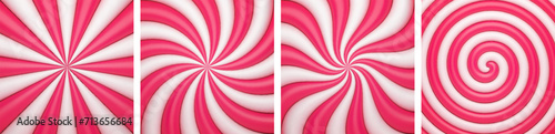 Set of sweet candy spiral lollipops backgrounds. Sweet rotating striped swirl candy. Pink sunburst background. Christmas sweet texture. Vector illustration
