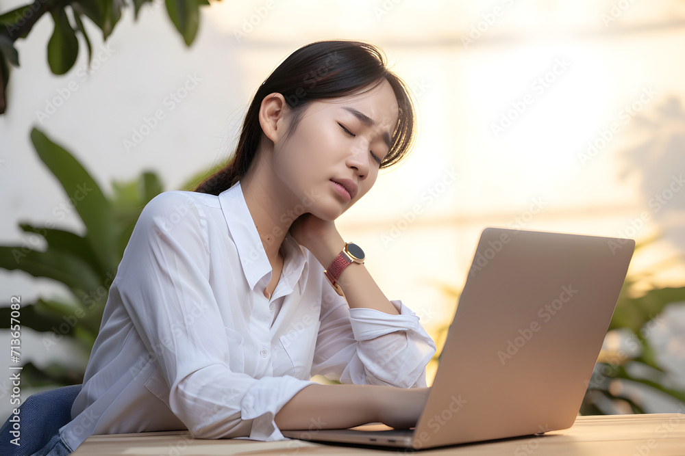 Pain in the neck muscle of Asian woman. Concept of nape pain and nuchal stiffness.