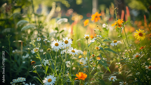 Flores vibrantes e vegetação exuberante preenchem um jardim iluminado pelo sol criando uma tapeçaria de beleza natural photo