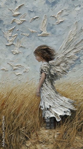 girl wings field tall grass about road freedom angelic unsettling thick impasto paint photo