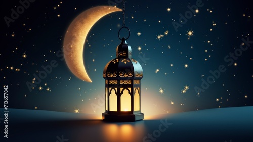 Ramadhan Kareem greetings. Islamic lantern in the night sky with crescent moon and stars. copyspace - generative ai 