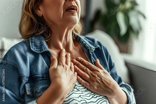 Caucasian woman with chest pain. Heart attack patient.