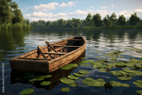 A wooden raft floating on a calm serene lake photo