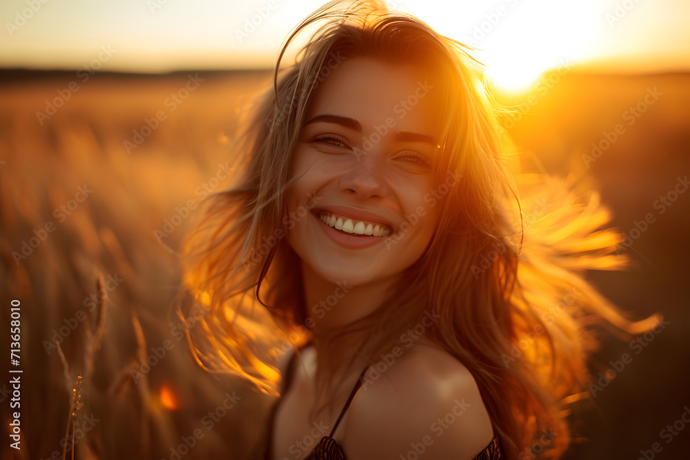 beautiful happy girl in an wheat field laughing