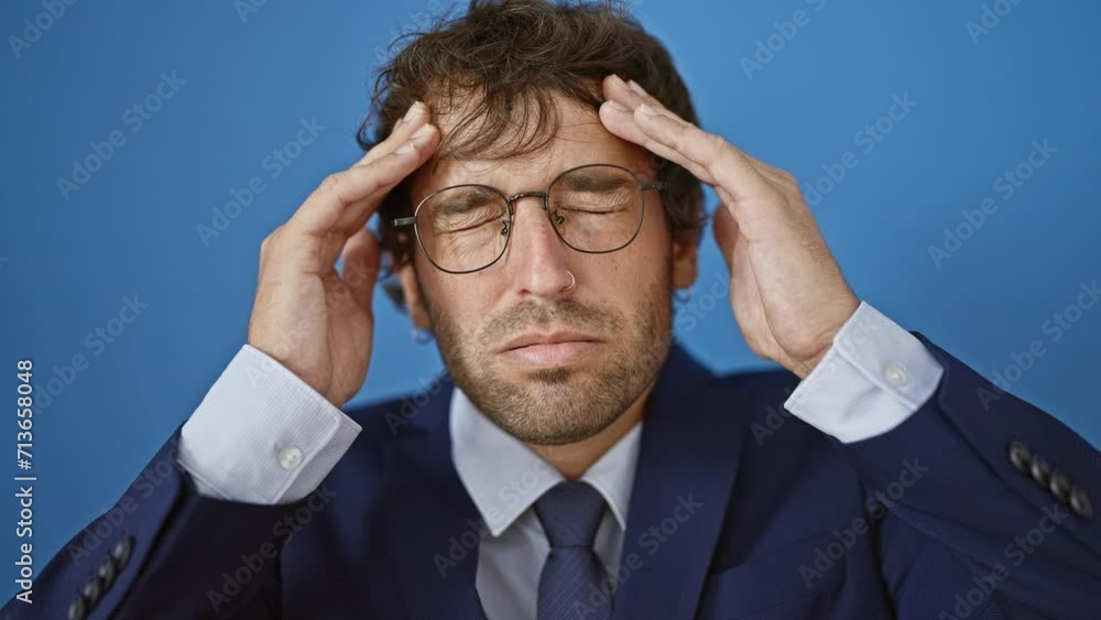 Stressed young man, dwarfed by headache pain, holds head, grapples with migraine in business suit. his tired, sad face reflects the ache, isolated over blue background. Stressed young man, dwarfed by headache pain, holds head, grapples with migraine in business suit. his tired, sad face reflects the ache, isolated over blue background.
