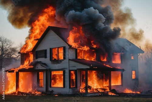 Burning house engulfed in flames and smoke from Generative AI