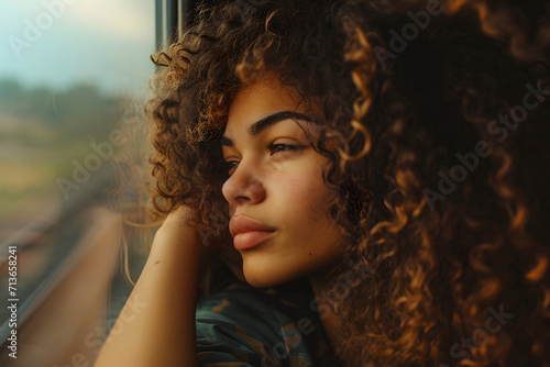 beautiful young woman looking out the window on a train © Yi_Studio