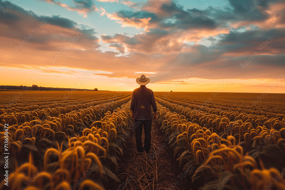 Fototapeta premium Farmer in the middle of a crop field, view from the back