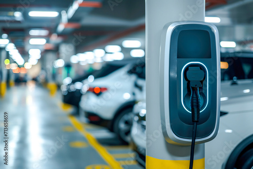 Modern fast electric vehicle chargers for charging car in car park