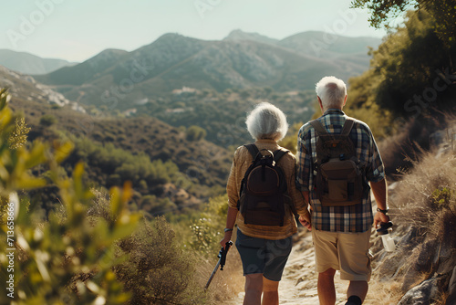 a senior couple hiking on a trail in the mountains 
