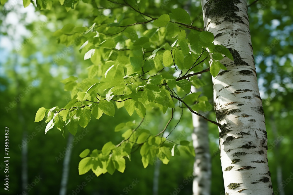 Obraz premium birch tree with green leaves on thin branch in natural garden background