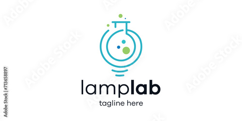 logo design combining the shape of a lamp with a lab tube, minimalist line logo design.