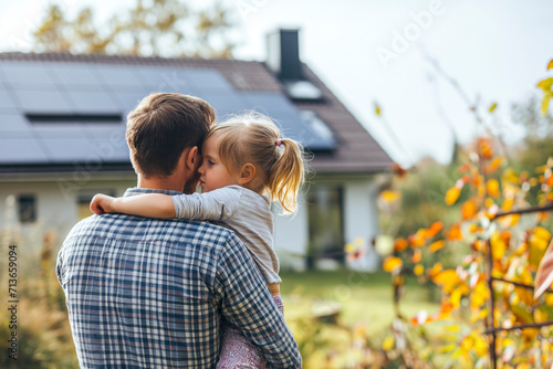 Rear view of dad holding her little girl in arms and showing at their house with installed solar panels. Alternative energy, saving resources and sustainable lifestyle concept