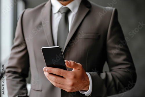 Successful businessman in suit holding smartphone