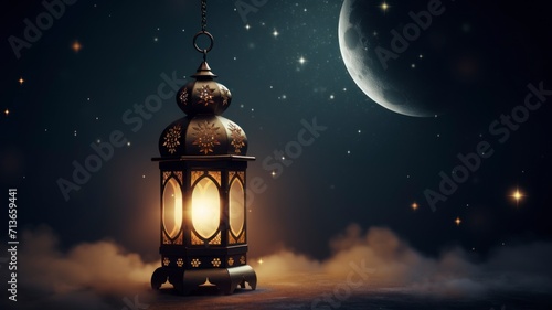 Ramadhan Kareem greetings. Islamic lantern in the night sky with crescent moon and stars. copyspace - generative ai 