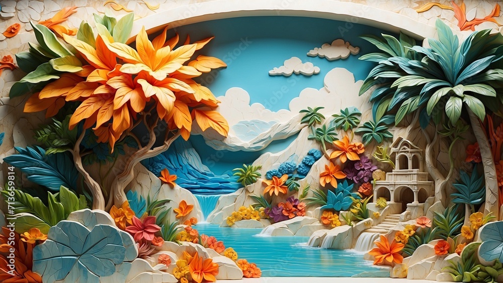 cartoon bright fantacy relief wall sculpted marble, tropical flowers and leaves background, pastel colors