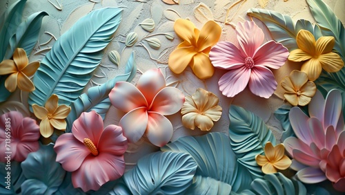 cartoon bright fantacy relief wall sculpted marble  tropical flowers and leaves background  pastel colors