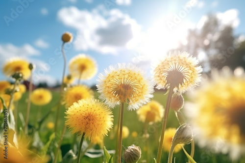 Blooming dandelions in the afternoon on a summer meadow © Robin