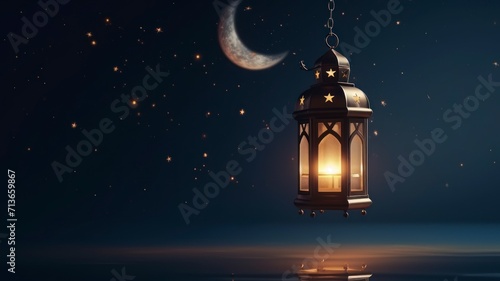 Ramadhan Kareem greetings. Islamic lantern in the night sky with crescent moon and stars. copyspace - generative ai 