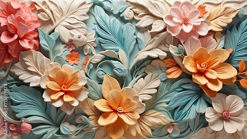 cartoon bright fantacy relief wall sculpted marble  tropical flowers and leaves background  pastel colors