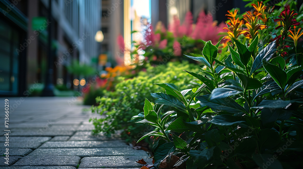 Plantas verdes e flores coloridas emanãm dos rachaduras no cimento da calçada injetando um toque de beleza inesperada na paisagem urbana