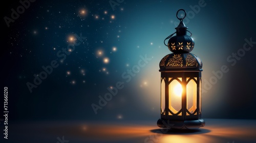 Ramadhan Kareem greetings. Islamic lantern in the night sky with crescent moon and stars. copyspace - generative ai 
