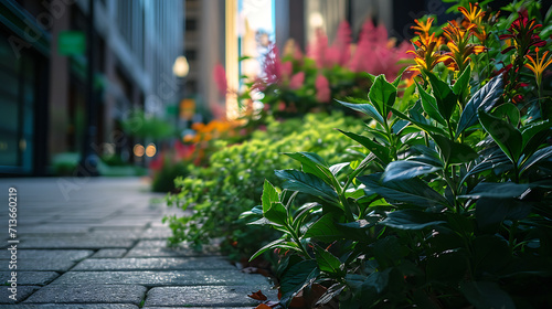 Plantas verdes e flores coloridas emanãm dos rachaduras no cimento da calçada injetando um toque de beleza inesperada na paisagem urbana photo