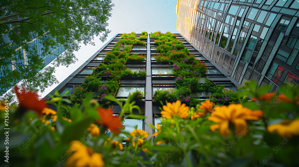 Plantas verdes vibrantes tombam pelos lados de um moderno edifício alto criando um contraste marcante com a arquitetura de metal e vidro - obrazy, fototapety, plakaty 