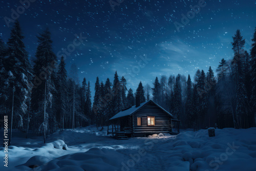 Enchanting Winter Night: A Cozy Snow-covered Christmas Cottage nestled in a Serene Forest with Majestic Mountains, illuminated by Soft Blue Moonlight