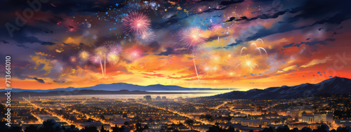 Midnight Celebration: A Spectacular Fireworks Display Lighting Up the Night Sky over a Colorful Cityscape