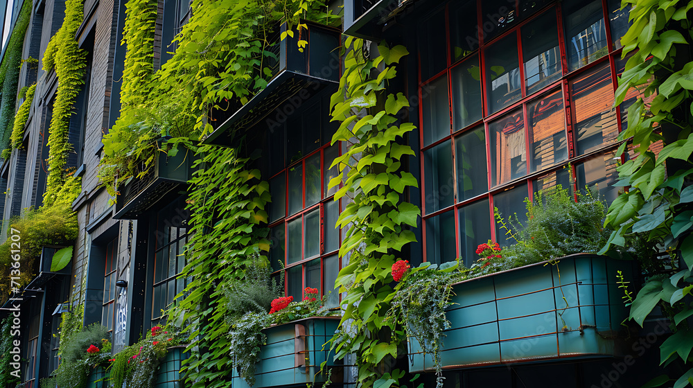 Plantas verde vibrantes caem pelas laterais dos prédios industriais suas folhas criando um contraste marcante contra o concreto e metal