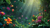 Flores tropicais vibrantes caem sobre folhagem verde esmeralda criando um alvoroço de cores e textura  A luz solar filtra-se através do dossel denso lançando sombras pontilhadas no chão da floresta