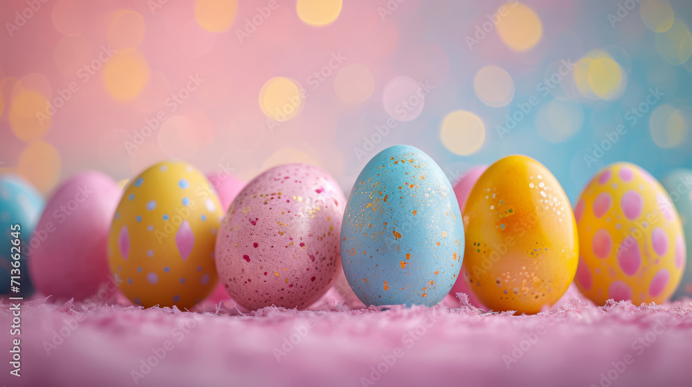 Colorful Easter Eggs on Festive Bokeh Background.