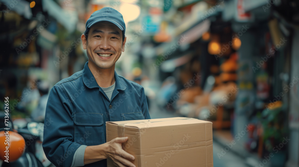 Friendly Delivery Man with Package in Urban Setting. Friendly Delivery Man with Package in Urban Setting.