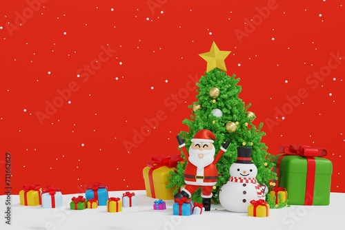 Santa clause with sleigh near snowman and Christmas tree gifts box, Happy New year and Merry Christmas greeting card, 3D rendering. © pookpiik