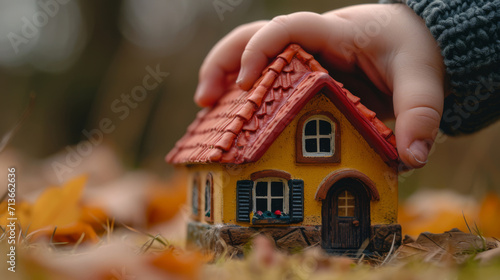 Child's Hand on Miniature House Among Autumn Leaves.