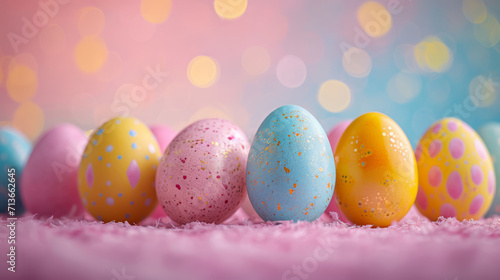 Colorful Easter Eggs on Festive Bokeh Background. © AI Art Factory