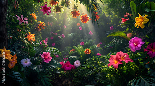 Flores tropicais vibrantes caem sobre folhagem verde esmeralda criando um alvoroço de cores e textura A luz solar filtra-se através do dossel denso lançando sombras pontilhadas no chão da floresta