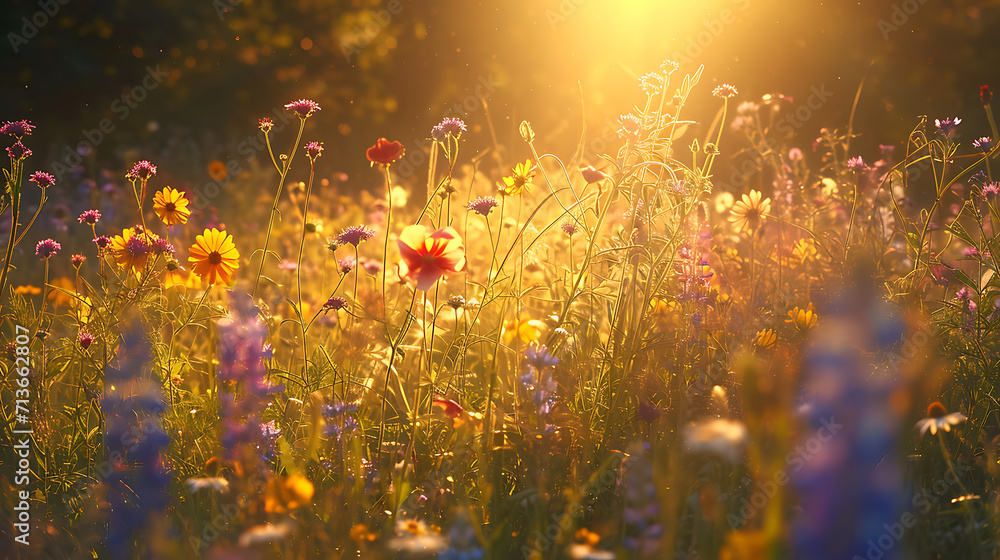 Flores silvestres vibrantes de várias tonalidades cobrem um prado iluminado pelo sol criando um caleidoscópio de cores