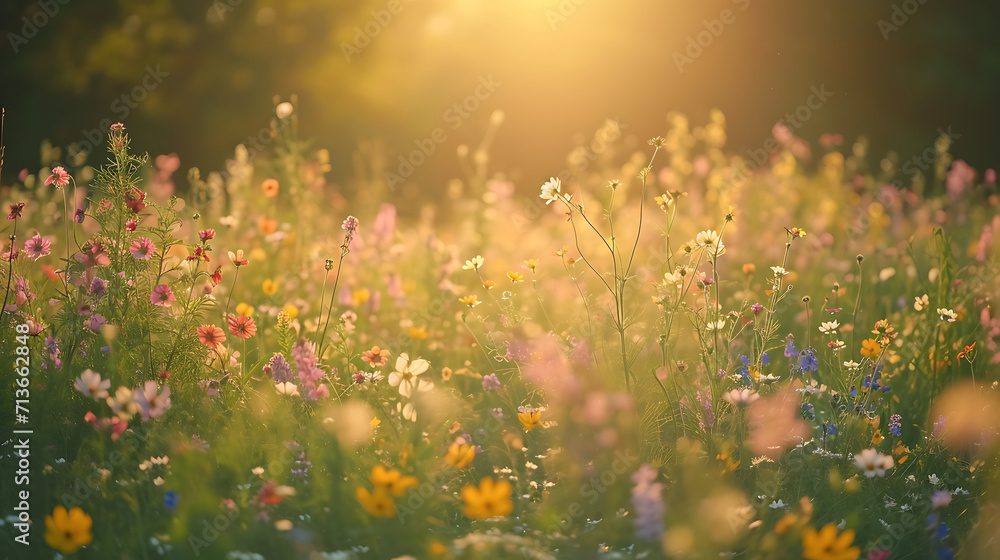 Flores silvestres vibrantes de várias tonalidades cobrem um prado iluminado pelo sol criando um caleidoscópio de cores